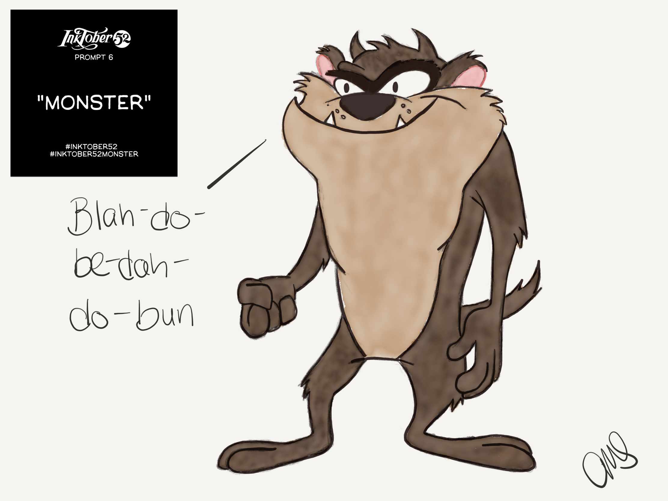 Digital pen and ink illustration of the Tasmanian Devil from Looney Tunes