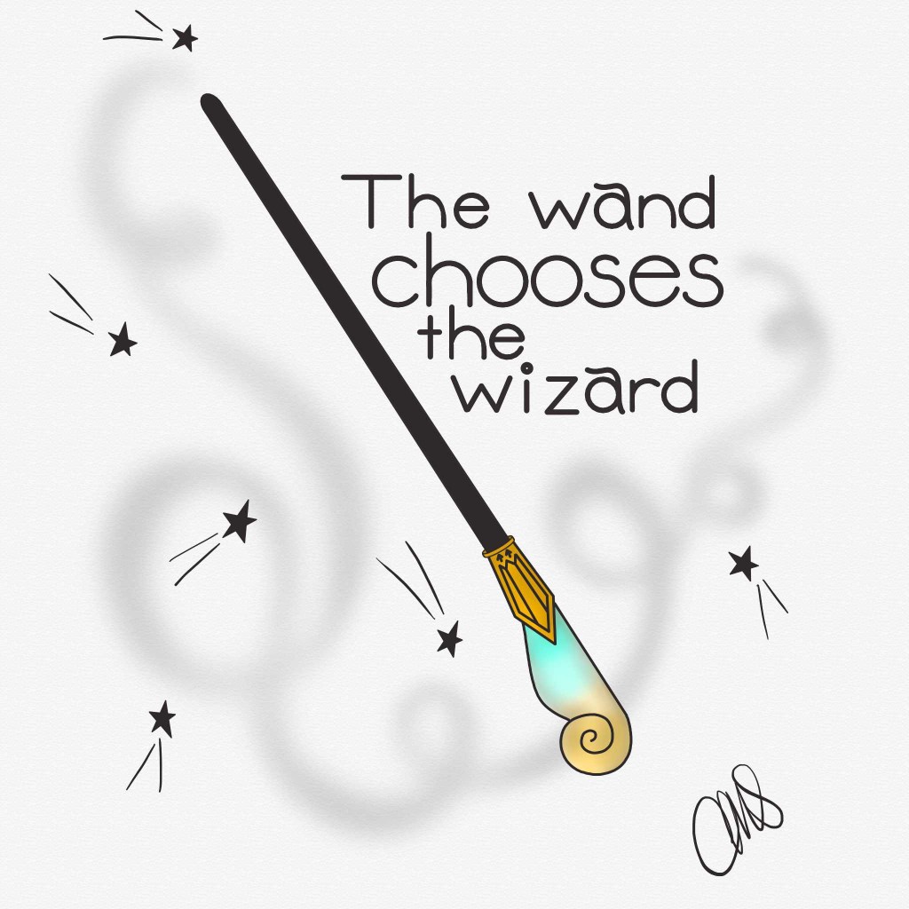 ink drawing of Queenie’s wand from fantastic beasts. there is a spell with star sparks coming out of the wand, and some hand lettered text reading “the wand chooses the wizard”.