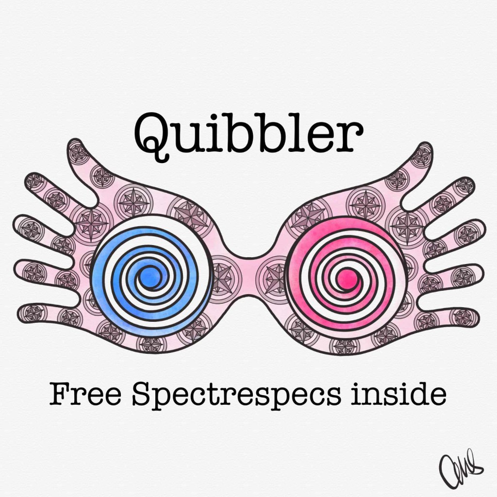 Illustration of Luna Lovegood’s spectrespecs from Harry Potter. Pink glasses with stars all over them and one blue spiral lens and a pink spiral lens. Text reading “Quibbler Free Spectrespecs Inside”