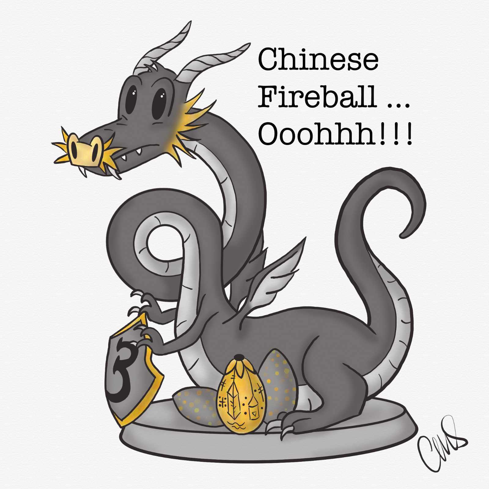 ink and watercolor drawing of a dragon. the dragon is a model of a chinese fireball from “Harry Potter and the Goblet of Fire”. The illustration has golden accents and is holding eggs and a #3 shield. the dragons neck is long and doing a loop with tiny wings. There is typewriter text that reads “Chinese Fireball… OOOHHH!!!” like Barty Crouch says in the 4th film.