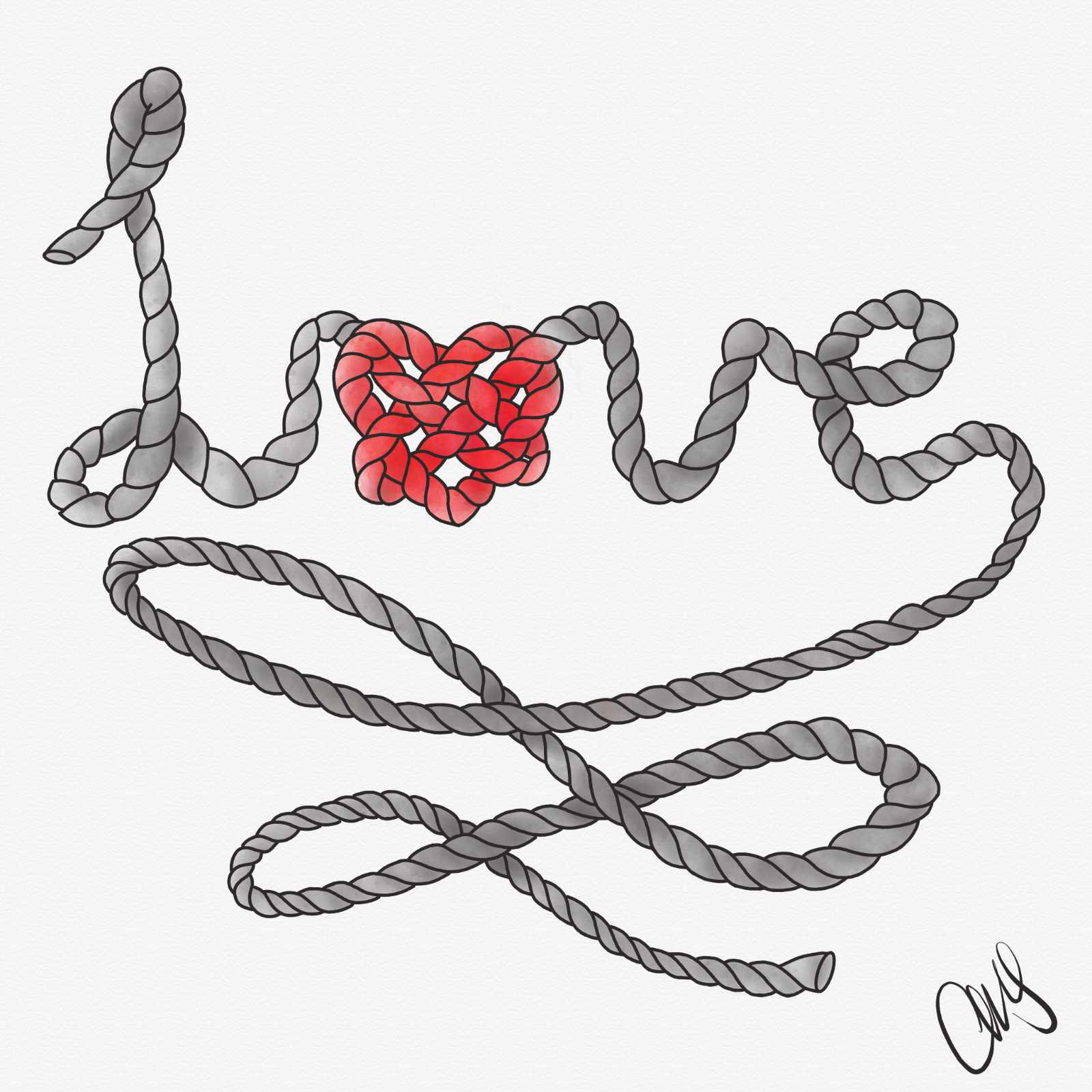 Ink and watercolor illustration of a rope that is twisted to spell the word Love in cursive with a flourish on the end. The whole illustration is Black and white except for the O which is illustrated as an Irish heart knot and is red.