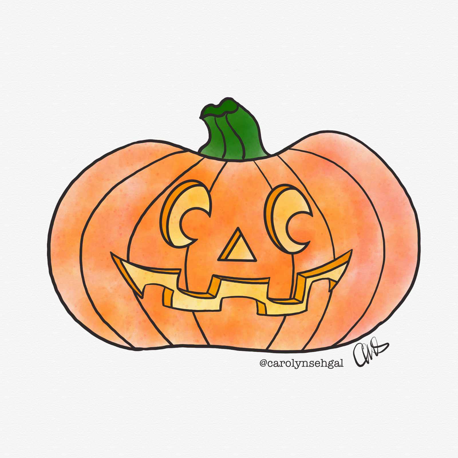 digital ink and watercolor sketch of a jack-o-lantern. signature at bottom right of the drawing with artist social media handle below that: @carolynsehgal