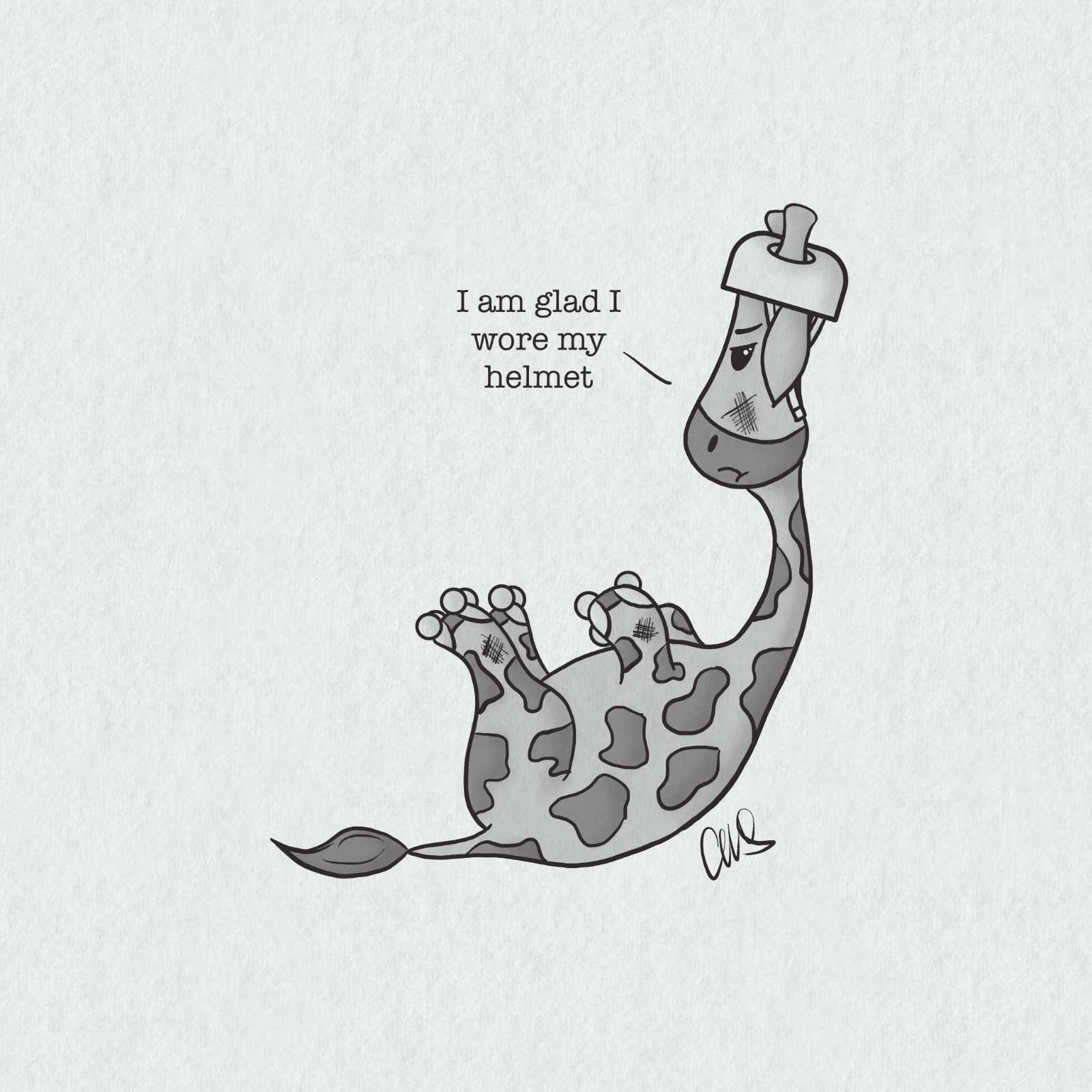 Giraffe wearing roller skates and a helmet. She has fallen over and has some scrapes on 2 knees and her face.