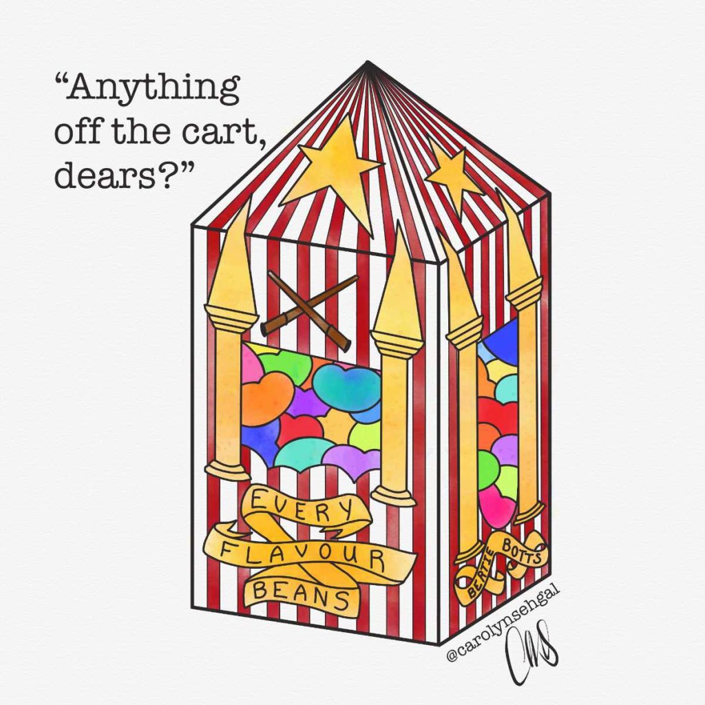 Ink and water color drawing of the Bertie Botts Every Flavor Beans box from the Potter films