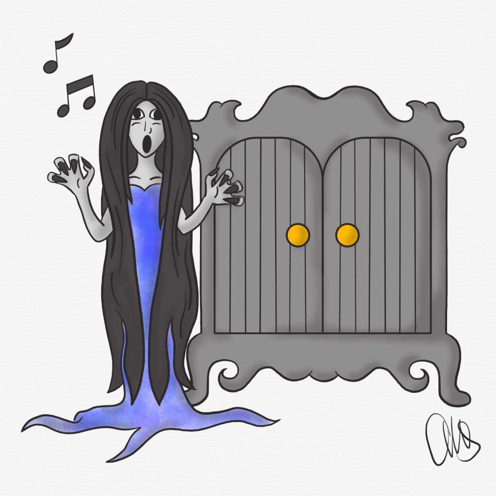 Illustration of a boggart banshee in front of a wardrobe from Harry Potter