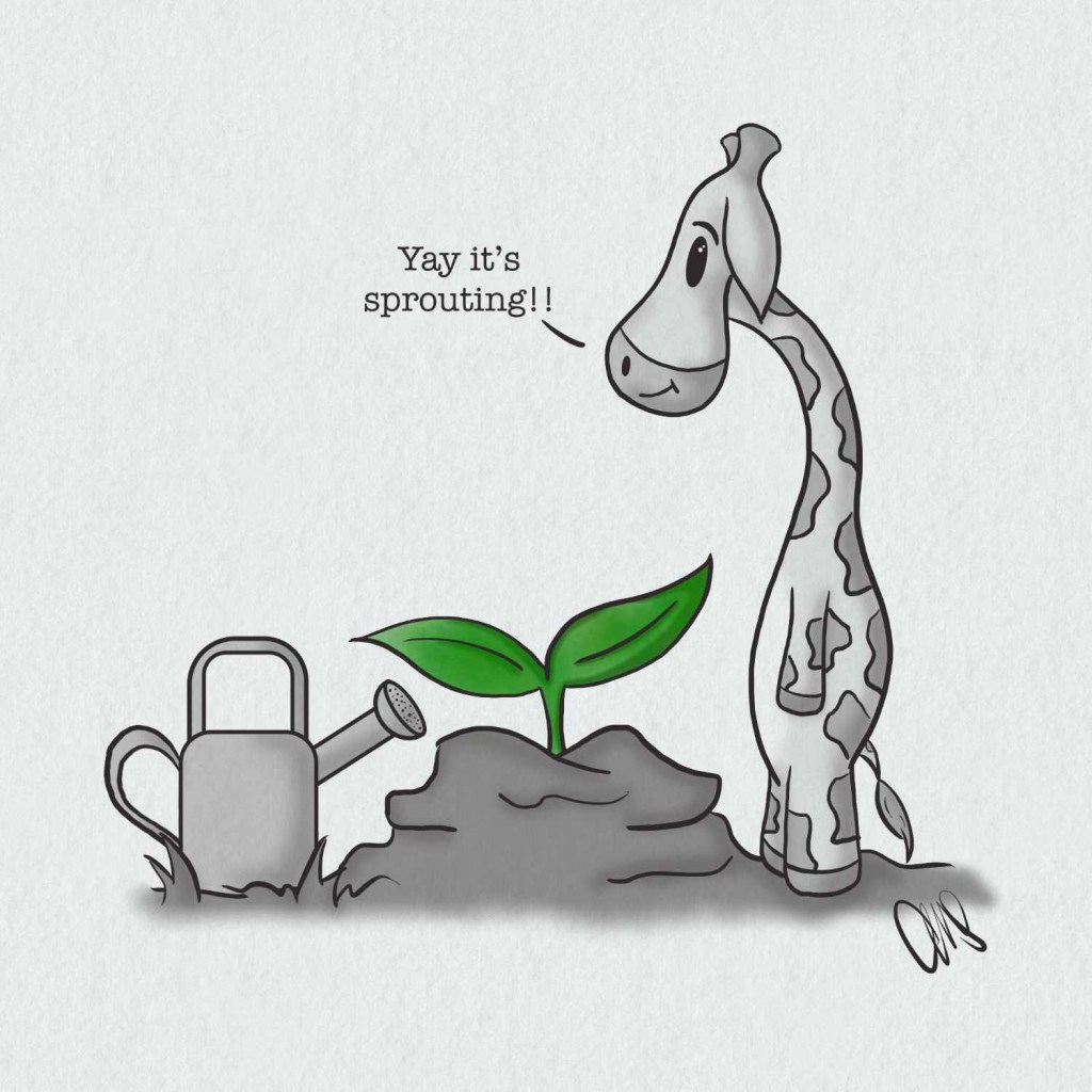 Gigi the giraffe is standing over a mound of dirt where a small green plant is popping up. There is a watering can across from her and she is saying “Yay it’s sprouting!!”