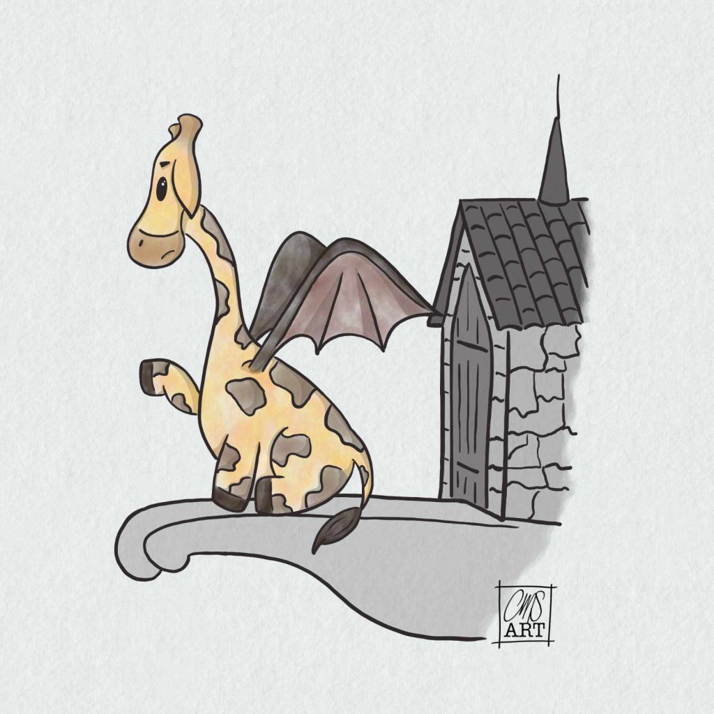 Gigi the giraffe is sitting posed like a gargoyle with bat wings and an arm extended on a stone building side with a window house behind her.