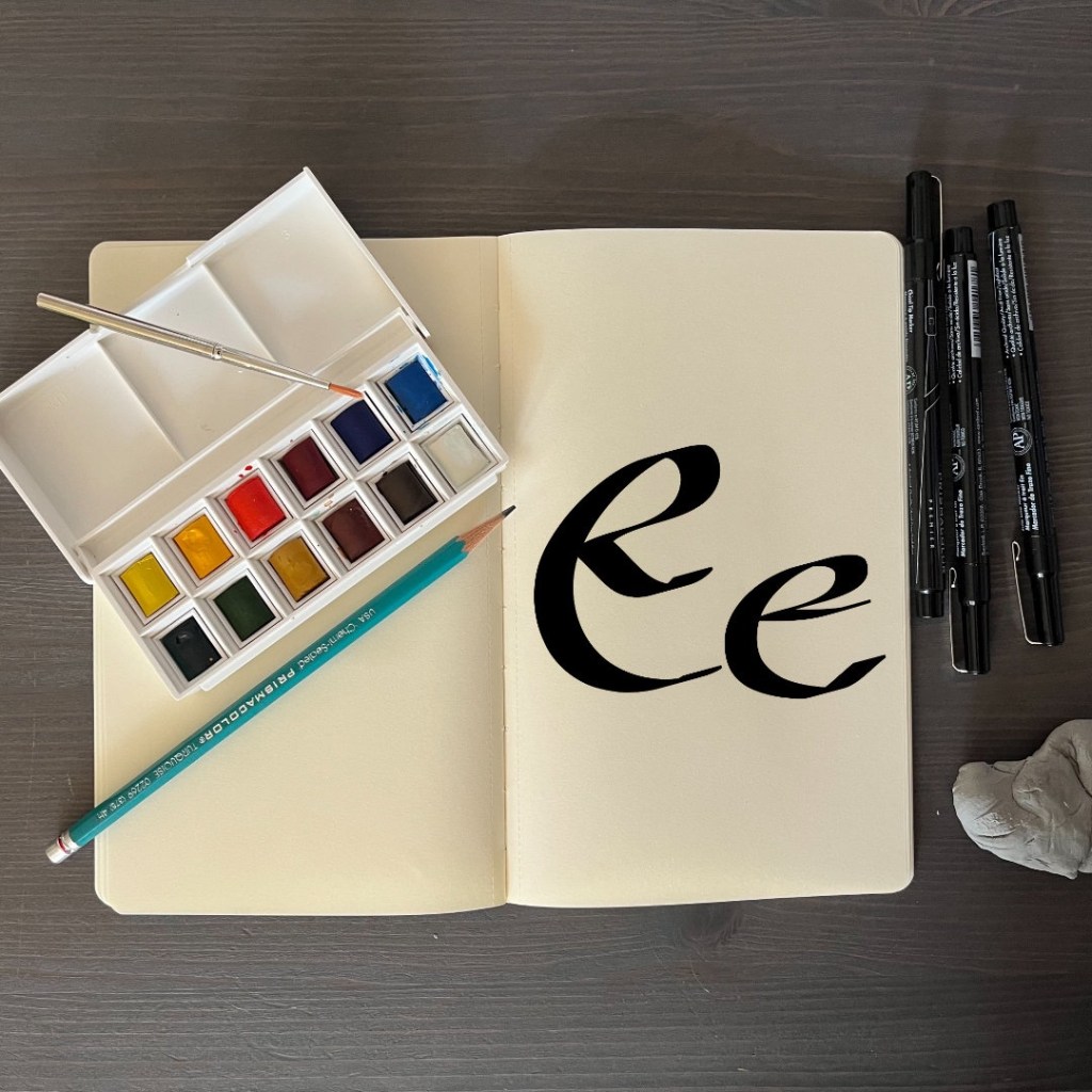 the letter Ee with an artsy background for 36 days of type