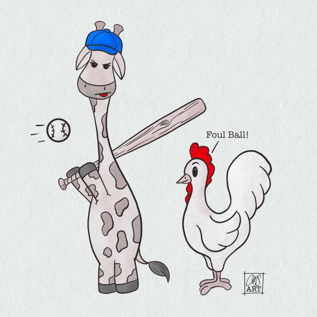 Gigi the giraffe is holding a bat ready to swing at a ball while a rooster stands behind her calling the pitch a foul ball.