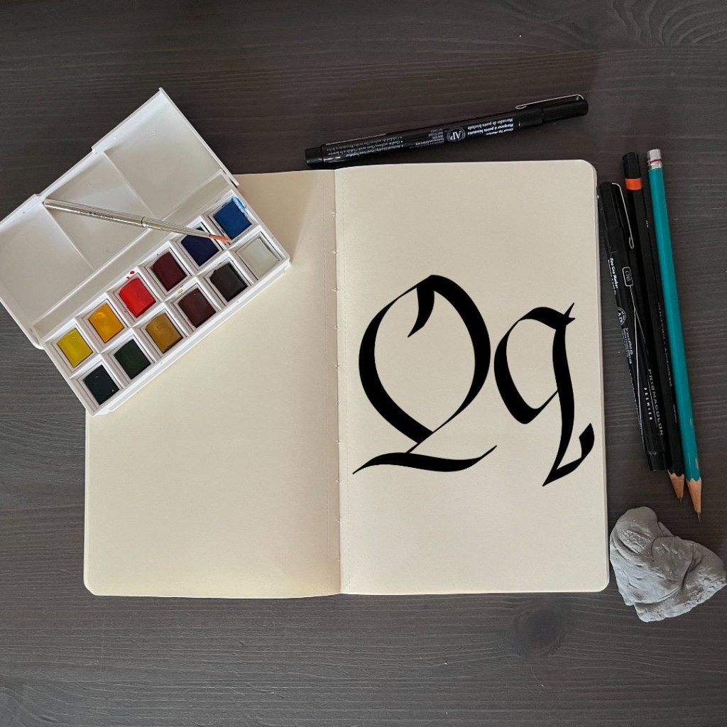 the letter Qq with an artsy background for 36 days of type