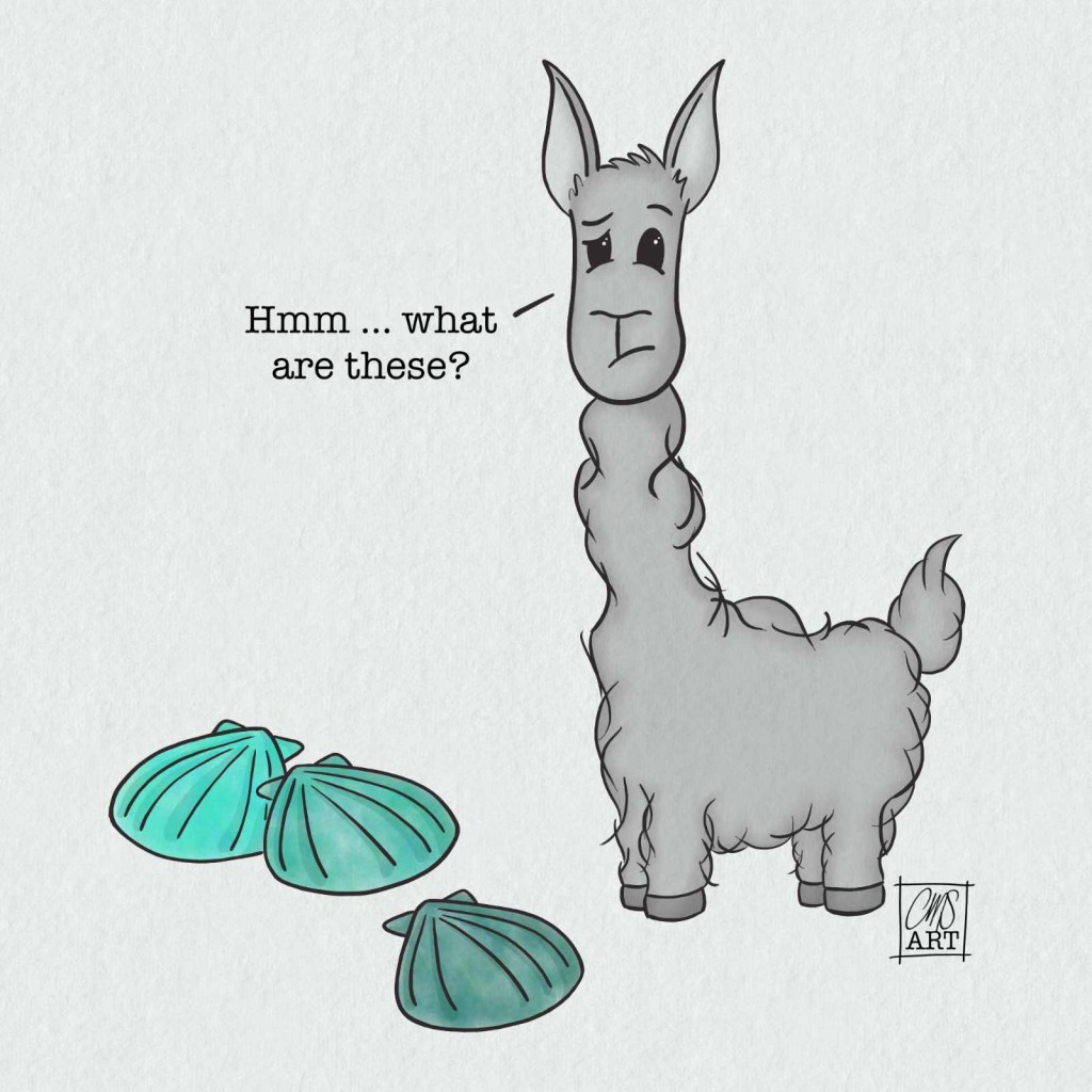 black and white illustration of Lulu the Llama looking down at teal green shells and asking what are these?