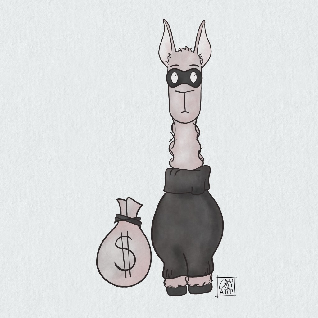 lulu the llama is wearing black and a mask and has a money bag next to her