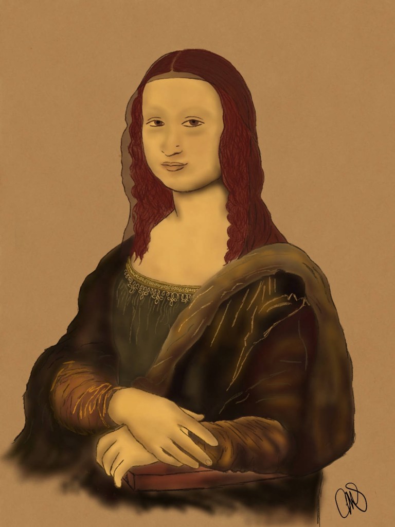 This is an illustration of the famous Mona Lisa Painting by Da Vinci. It is drawn by Carolyn Sehgal as portrait practice. there is no profit made from this illustration.