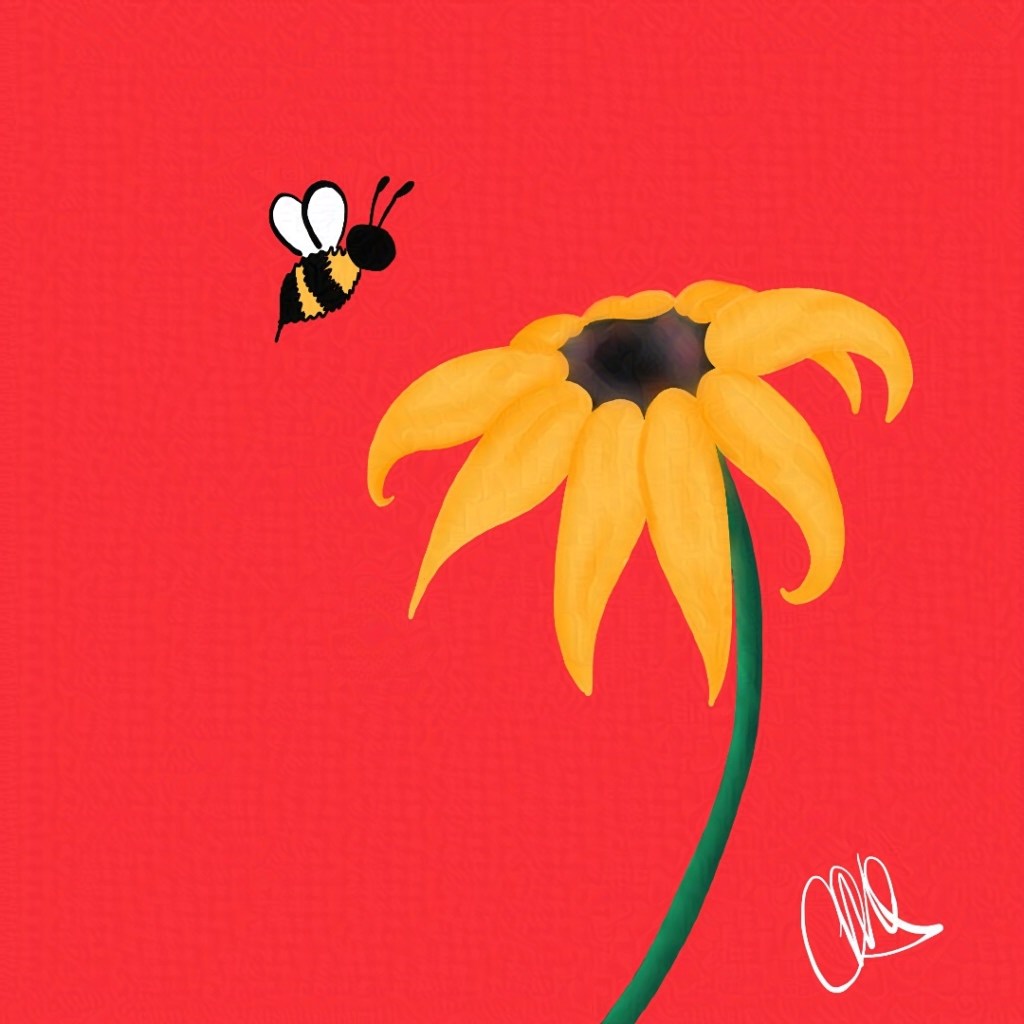 A bumble bee is flying up to a black eyed susan. the bee and the flower are on a red orange background.