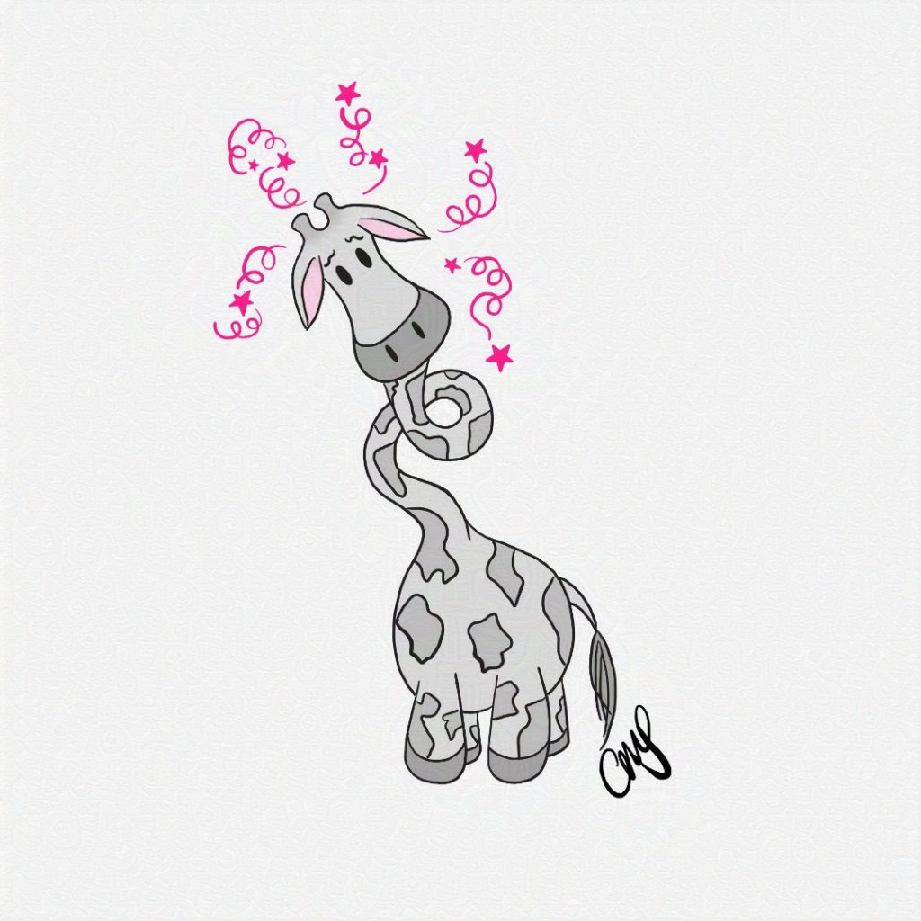 Gigi the giraffe looking dizzy and confused.