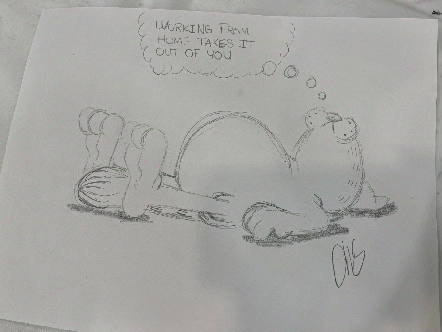 pencil drawing of garfield the cat laying down. text bubble reads "Working from home takes it out of you".