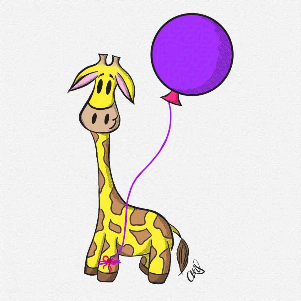 Gigi the giraffe is happy and holding a purple balloon.