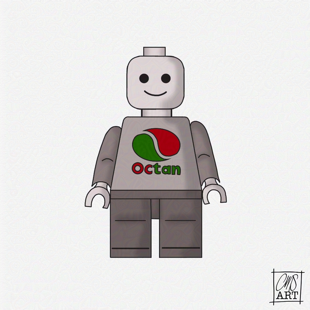 black and white Lego Octan mini figure. Octan logo is only part of drawing with color.