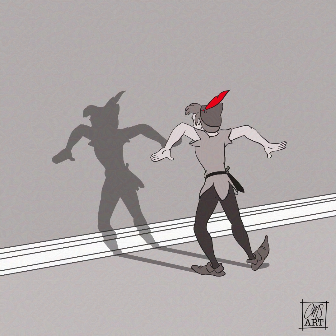 Peter Pan looking at his shaddow.