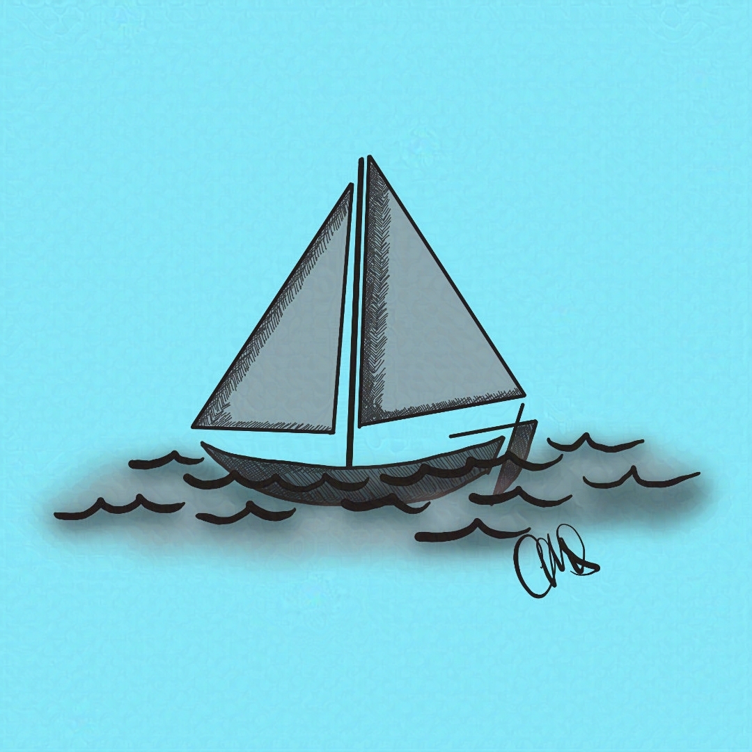 ink drawing of a simple sailboat on the water.