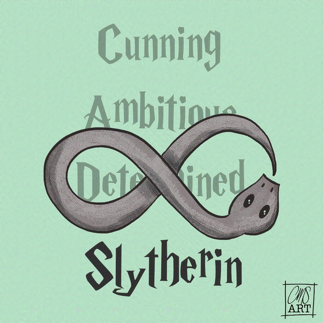 snake wrapped into the shape of an infinity symbol. under the snake read the words Cunning, Ambitious, Determined, Slytherin from top to bottom.