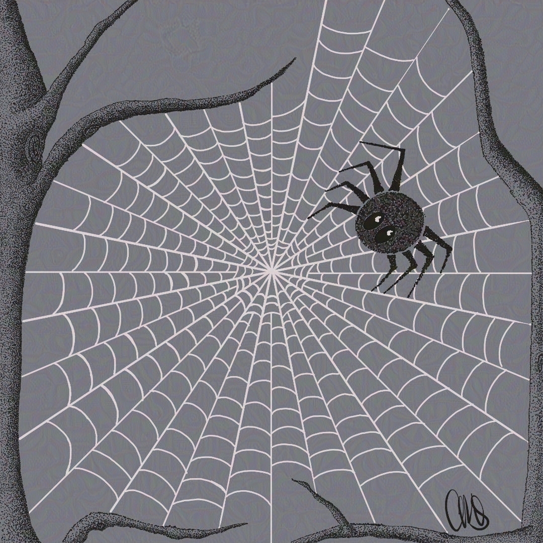 stippling drawing of spiderweb with spider between trees.