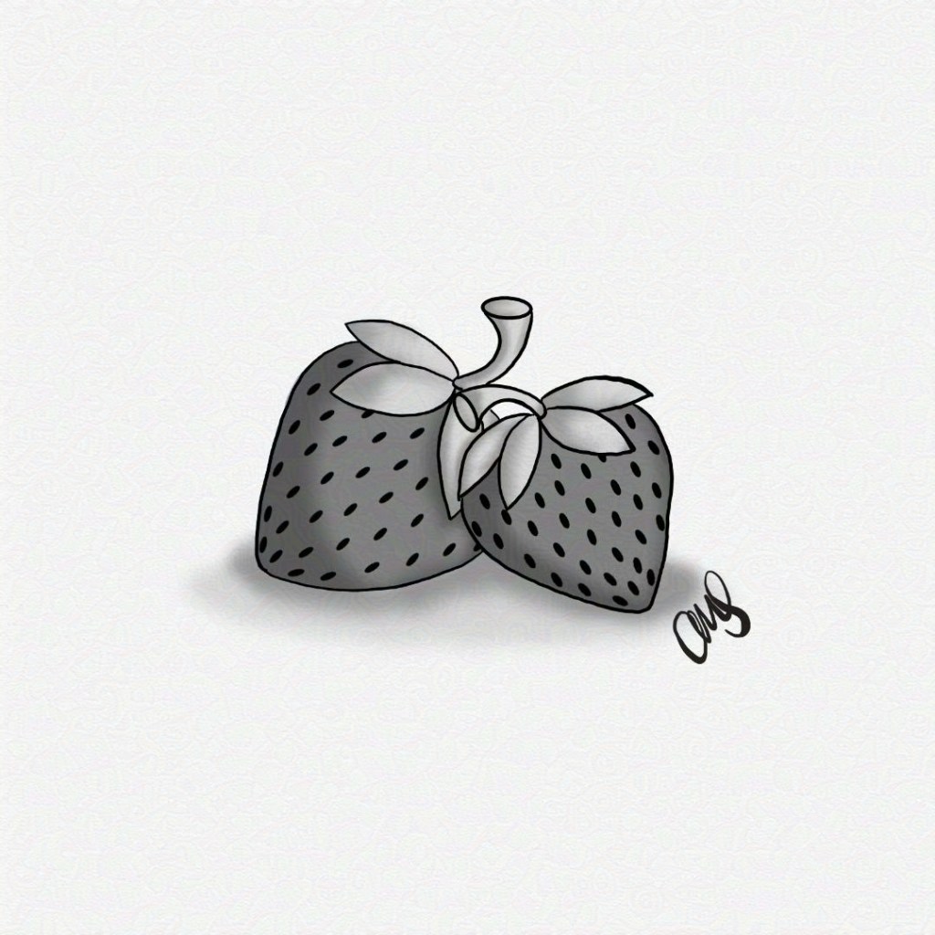 black and white drawing of 2 strawberries.