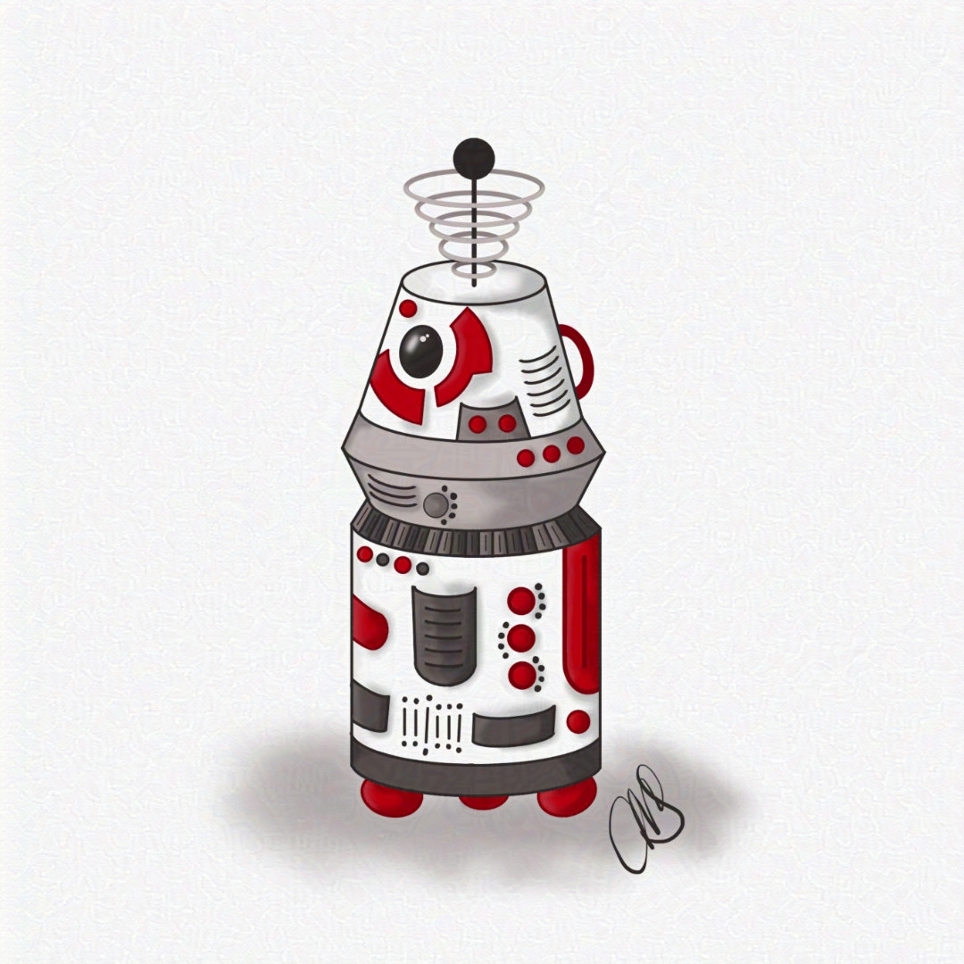 A Star Wars Universe inspired R2 style astromech droid. Red, silver, and white in color.