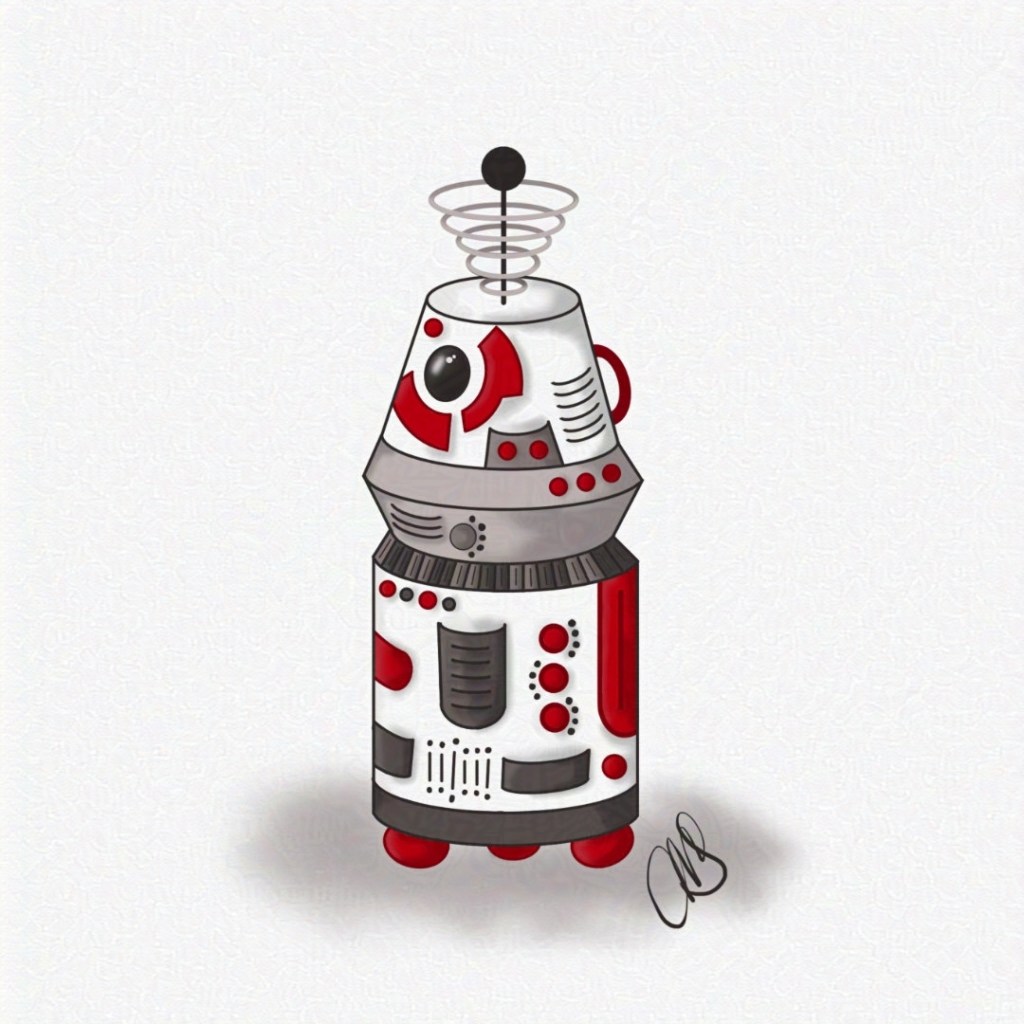 A Star Wars Universe inspired R2 style astromech droid. Red, silver, and white in color.