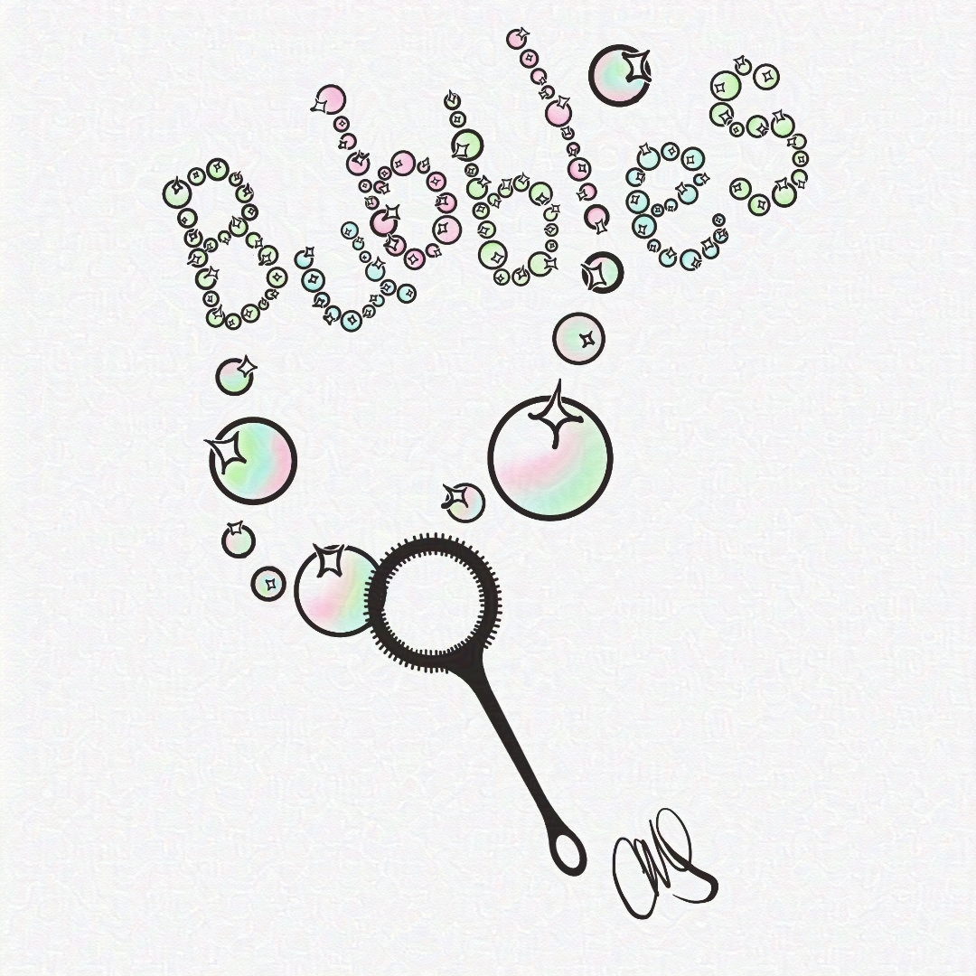 a bubble wand with bubbles floating up from it and spelling the world bubbles.