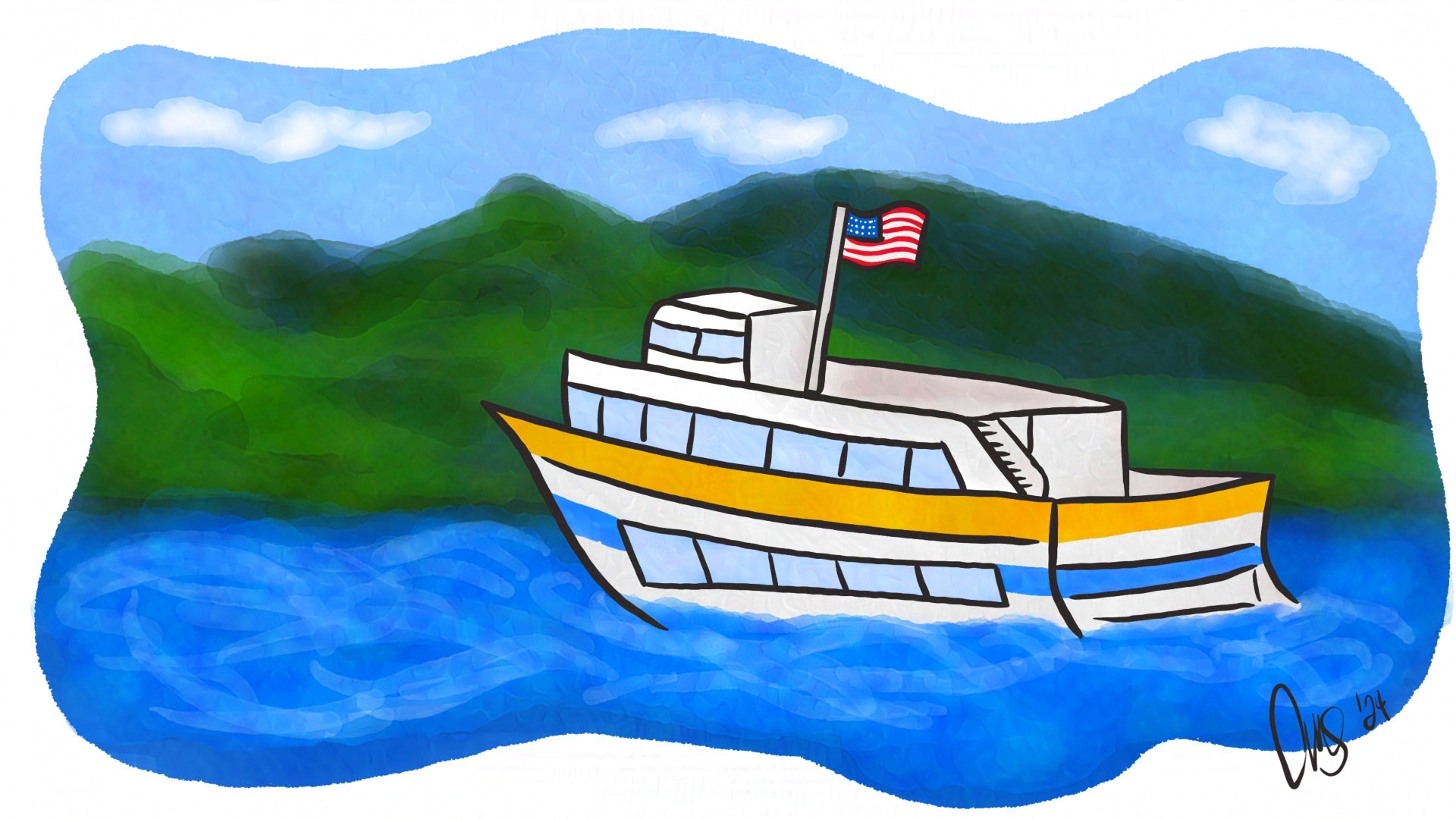 hydrogen ferry boat out on the water with mountains in the background.