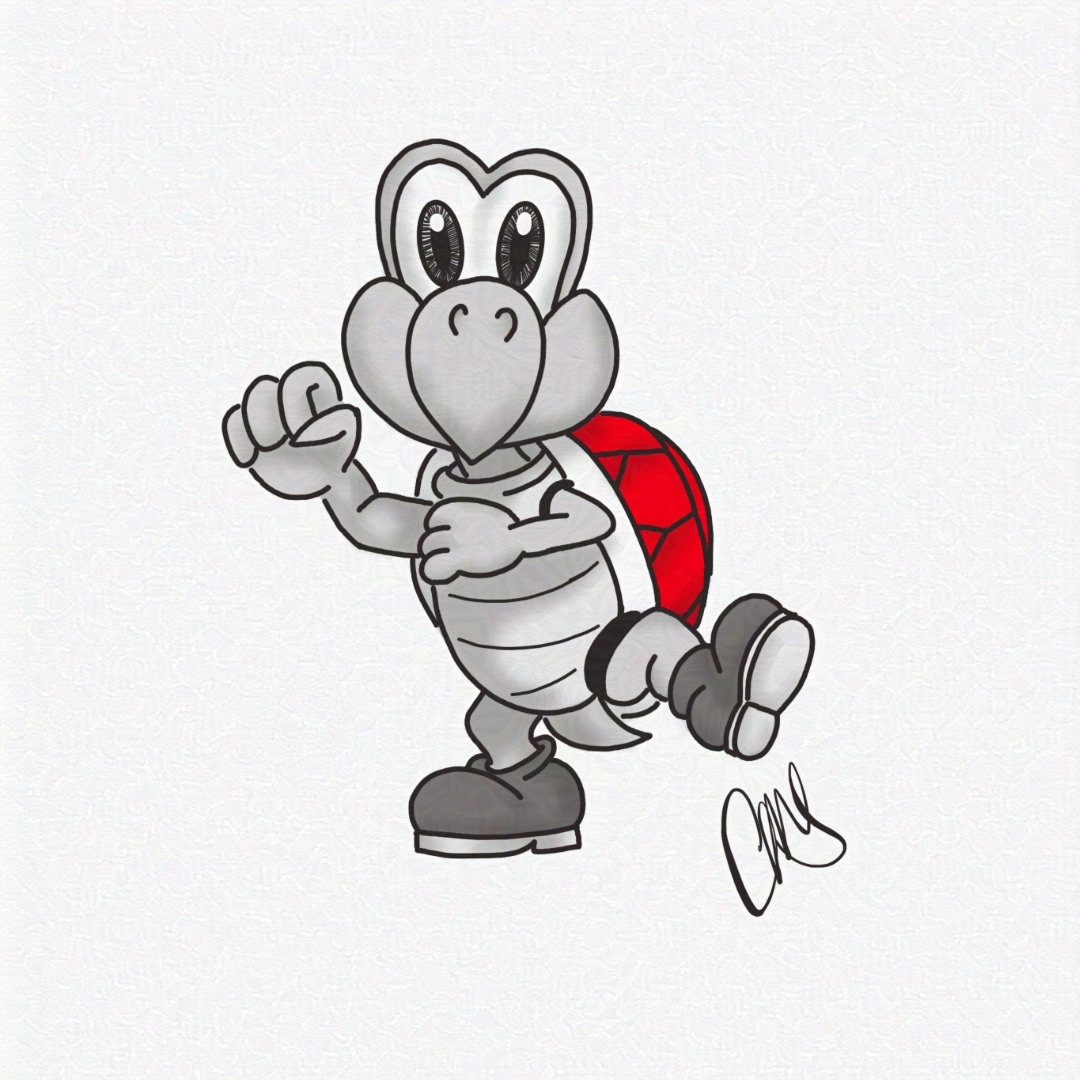 A koopa troopa from Mario video games. illustration is in black and white with a bright red shell for a pop of color.