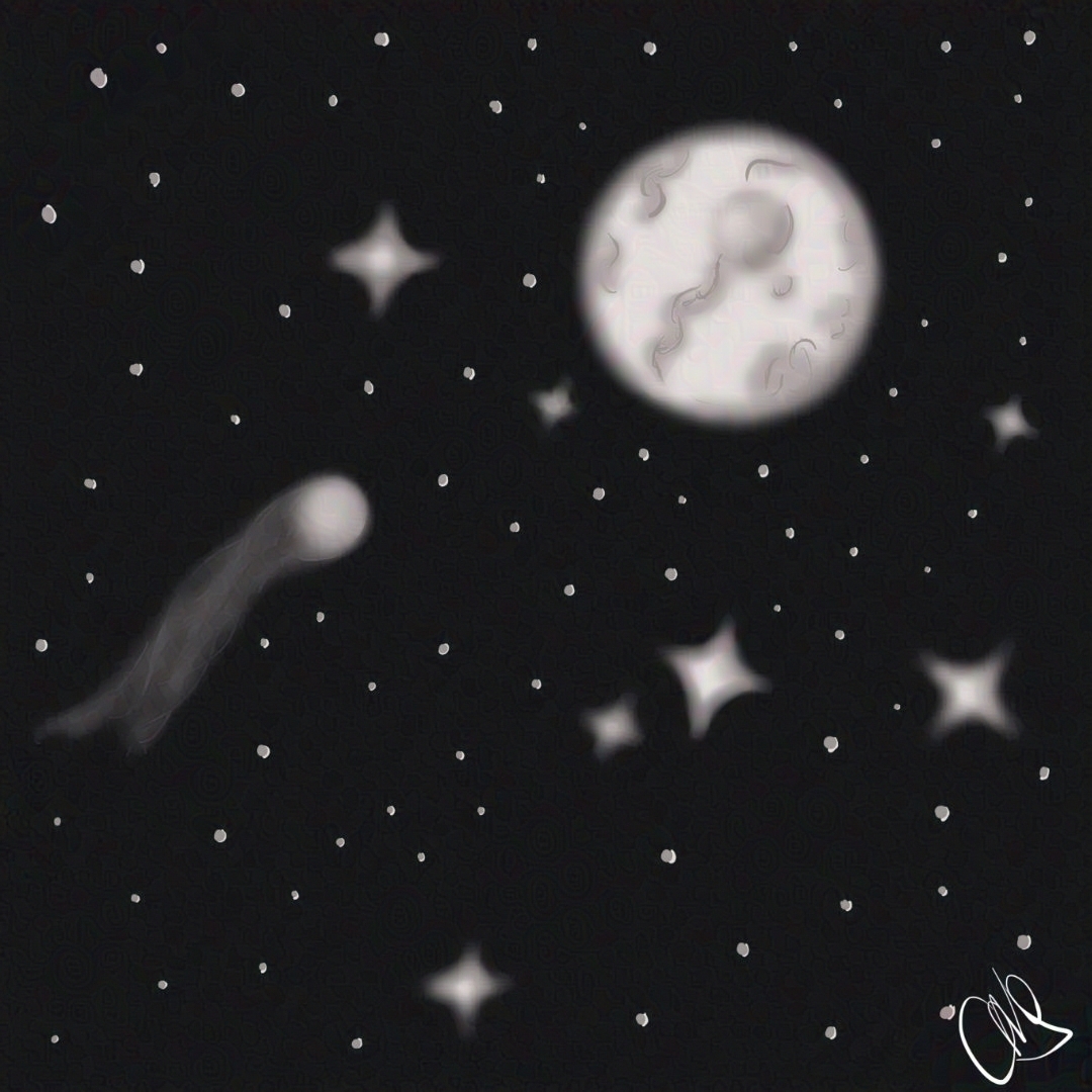 illustration of moon and stars in the night sky.