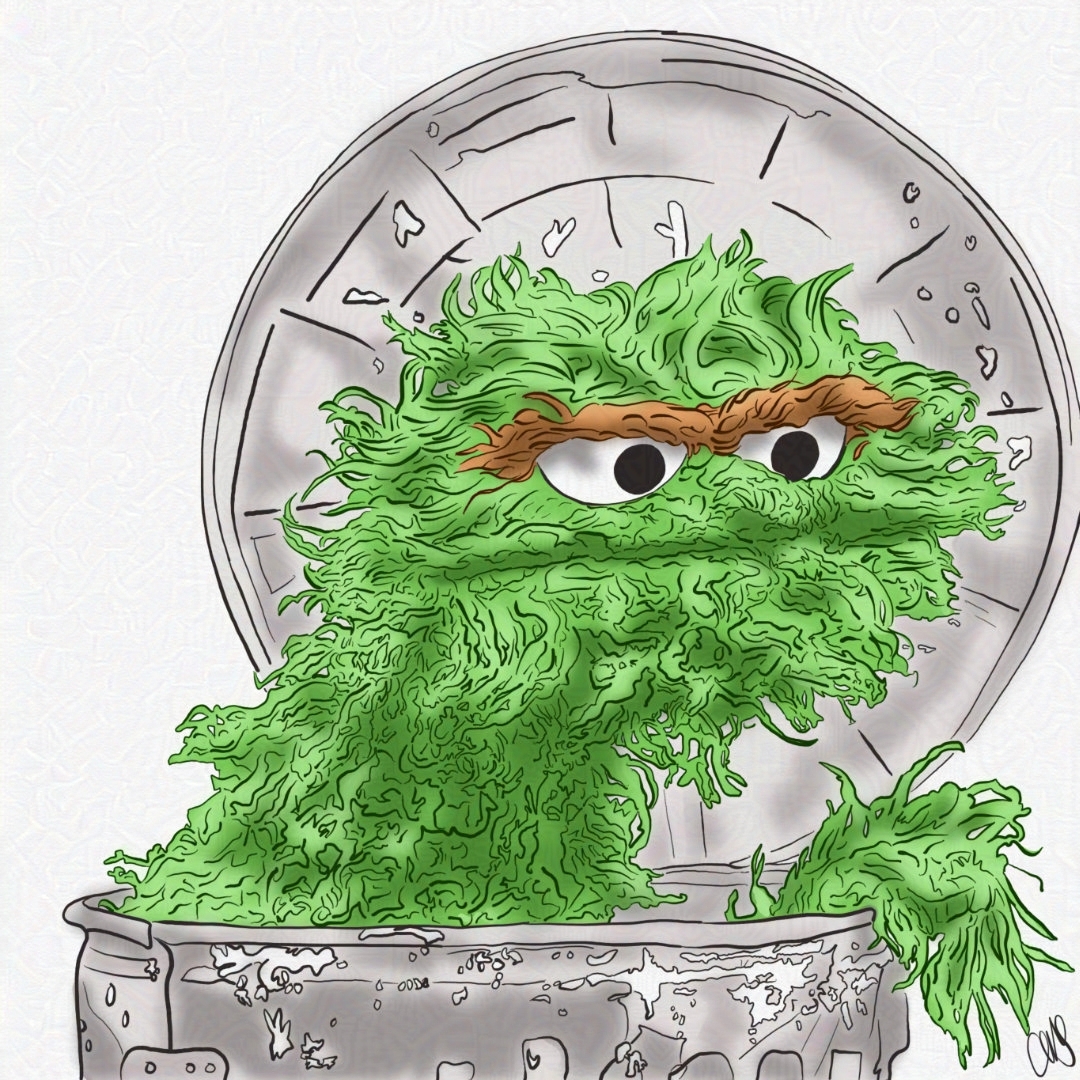 Oscar the Grouch coming out of his trash can home. Fan Art illustration.