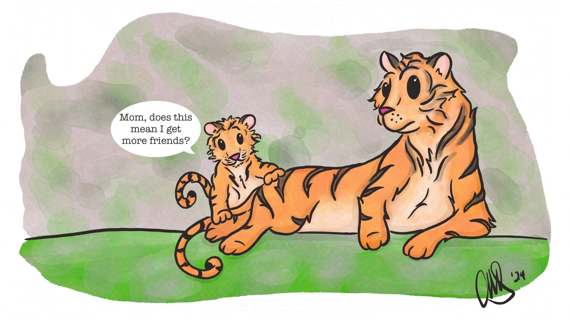 A mother tiger laying out on a ledge with a tiger cub climbing over its rear legs and tail. Tiger cub is saying "Mom, does this mean I get more friends?”