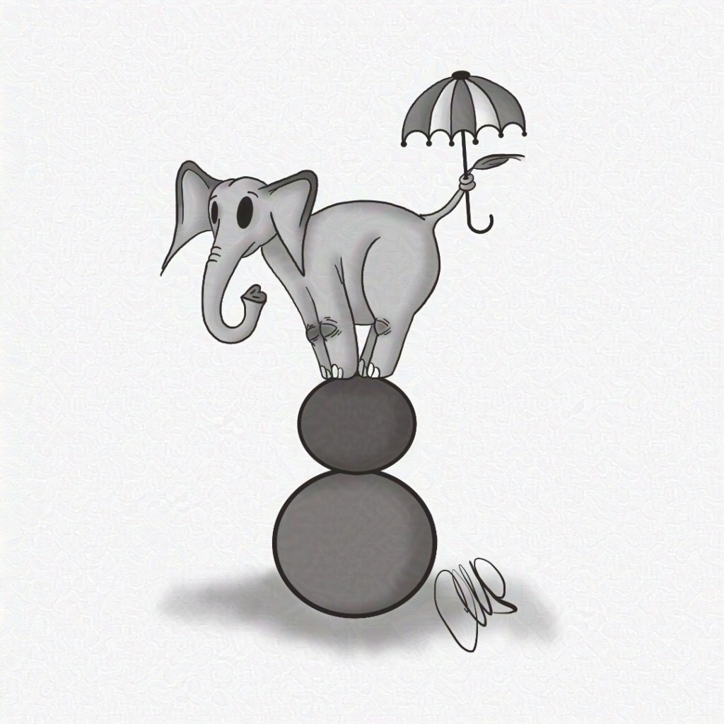Elephant holding umbrella with tail and balancing on two large balls that are stacked on top of each other.