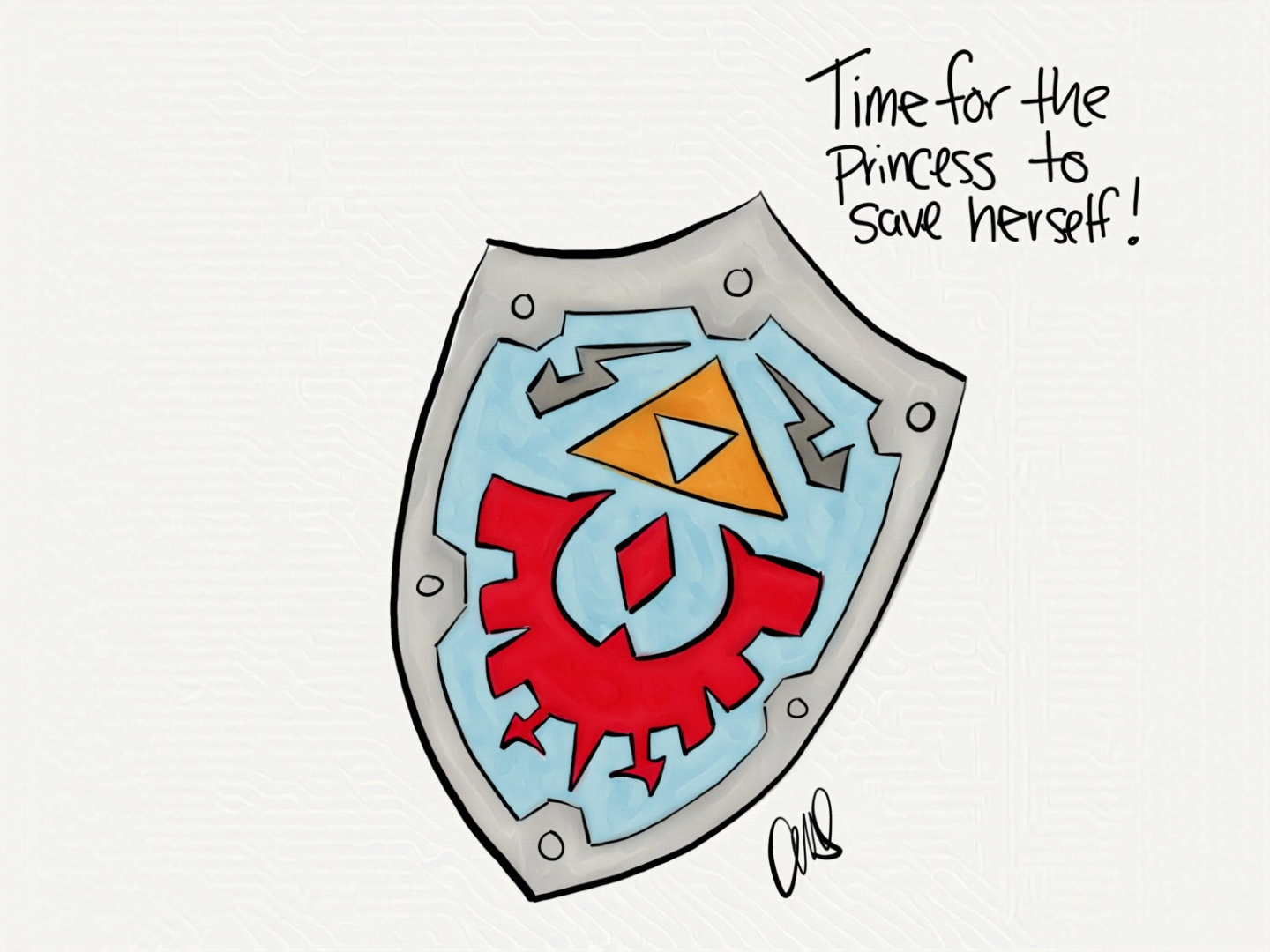 Link's shield from Legend of Zelda Ocarina of Time. Note in upper corner “Time for the princess to save herself!"
