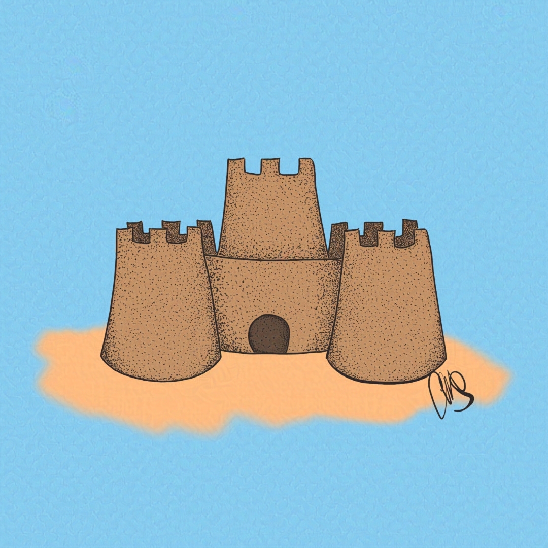 stippled drawing of a sand castle.