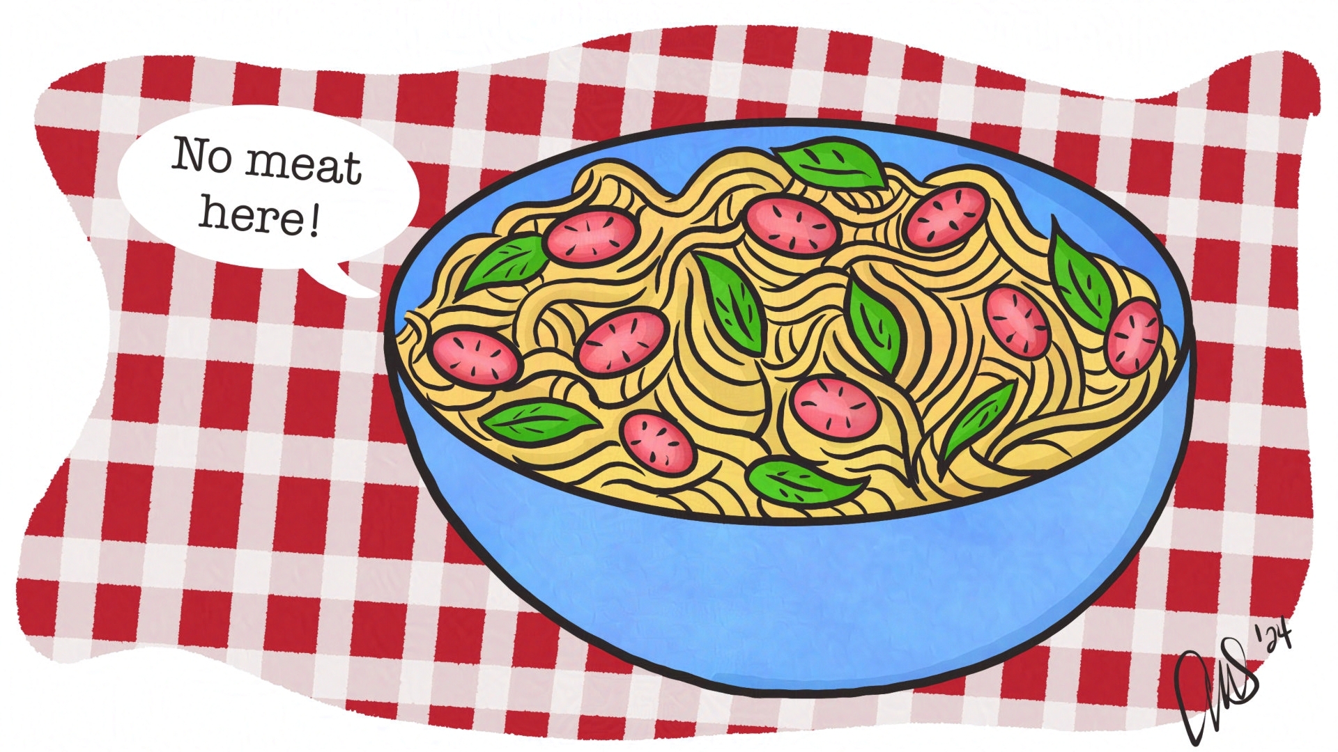 bowl of pasta with tomatoes and some sort of leafy green (maybe spinach maybe basil). resting on plaid picnic blanket. Text reads "no meat here!