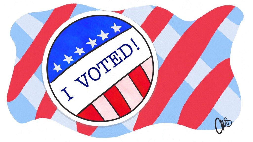 I voted sticker on a red white and blue backdrop