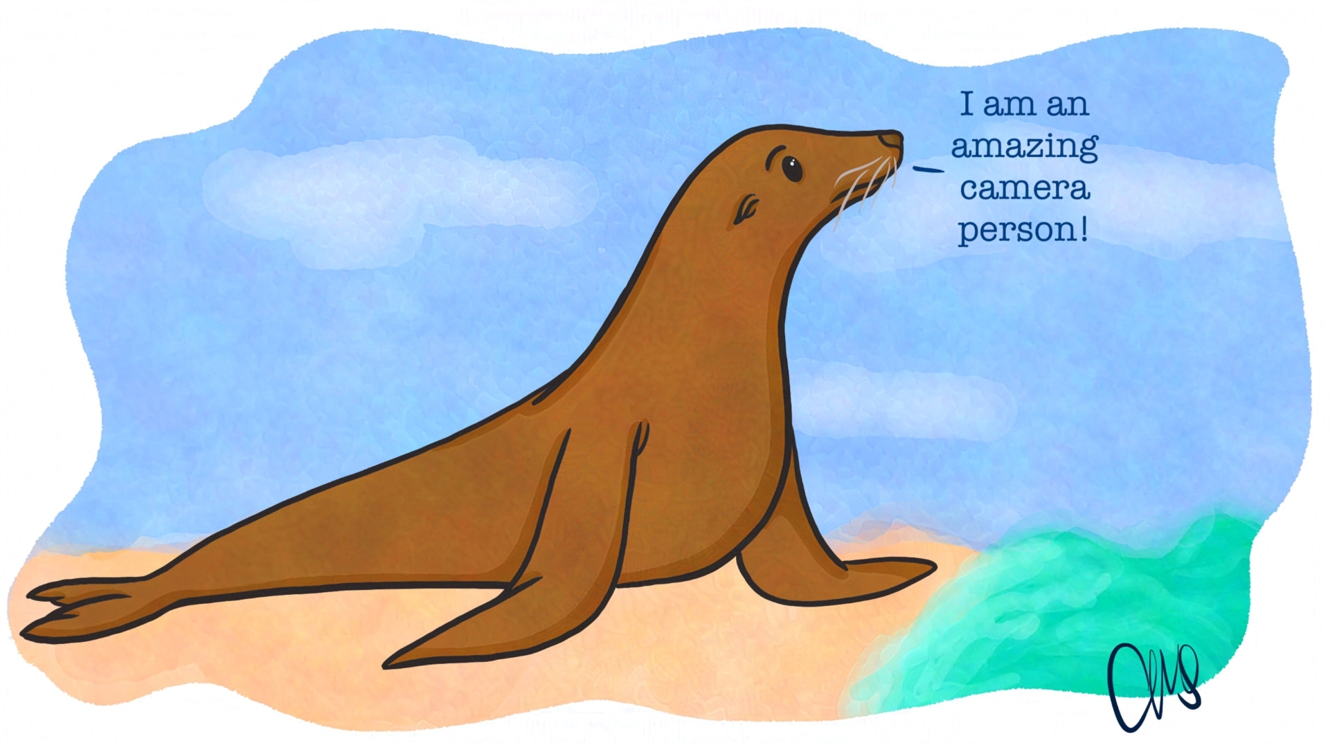 A sea lion on a beach looking up into the distance. The sea lion is saying "I am an amazing camera person!"