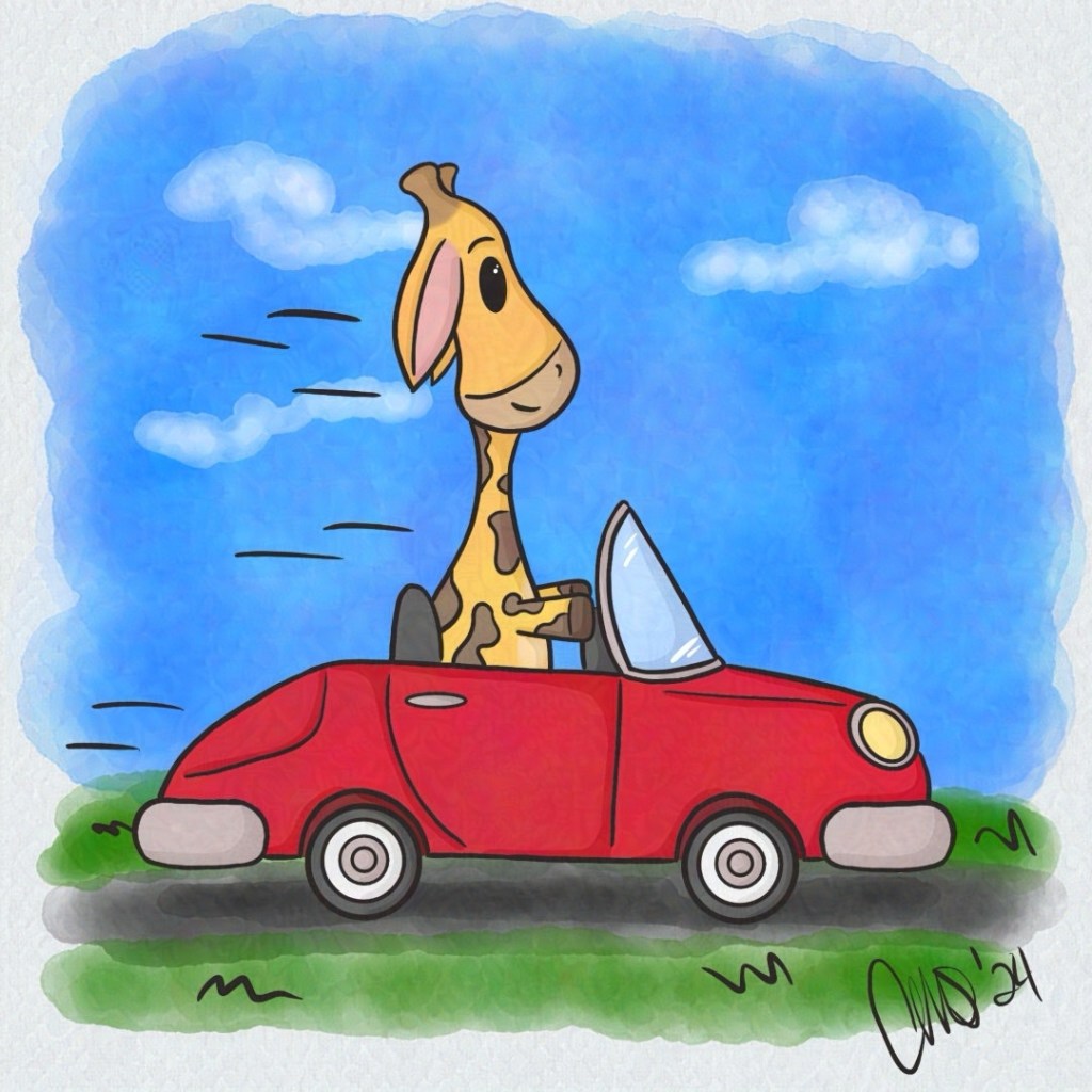 Gigi the giraffe is driving in a red car with the top town on a clear day with blue skies