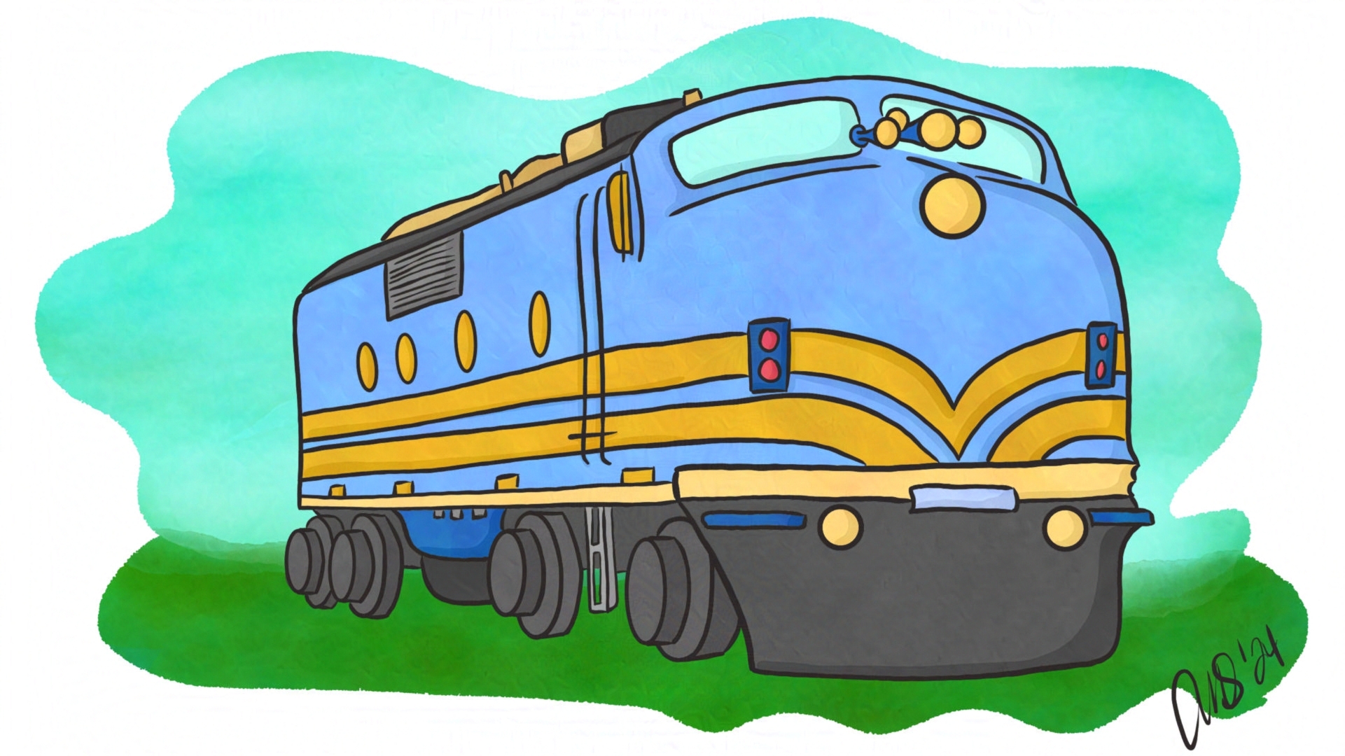 Blue and yellow train engine sitting in the grass