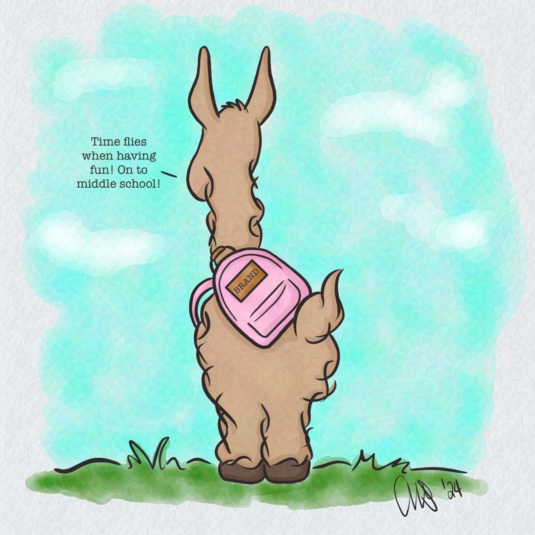 Lulu the Llama from the rear with a pink backpack on her back. Text reads "Time flies when having fun! On to middle school!"