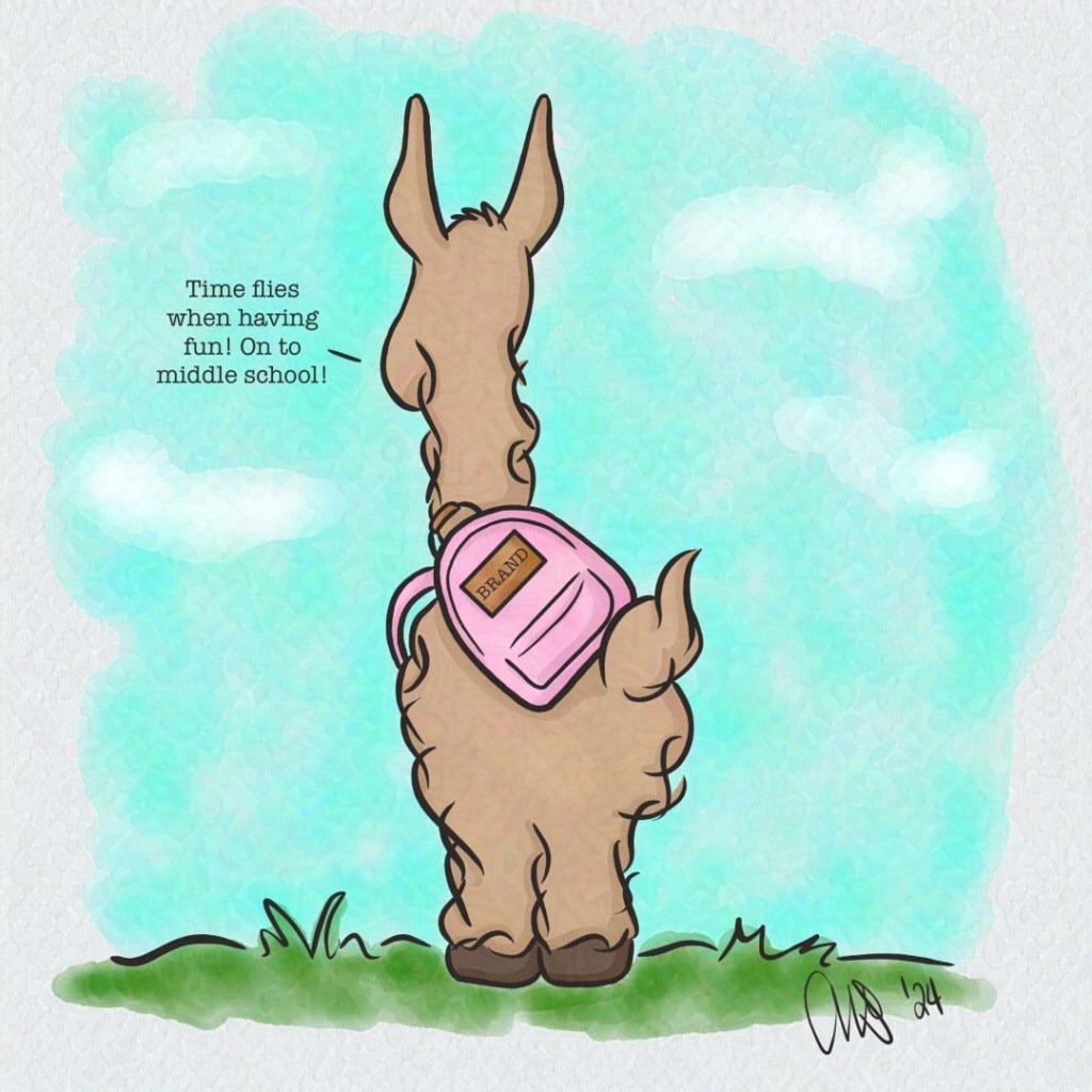 Lulu the Llama from the rear with a pink backpack on her back. Text reads "Time flies when having fun! On to middle school!"