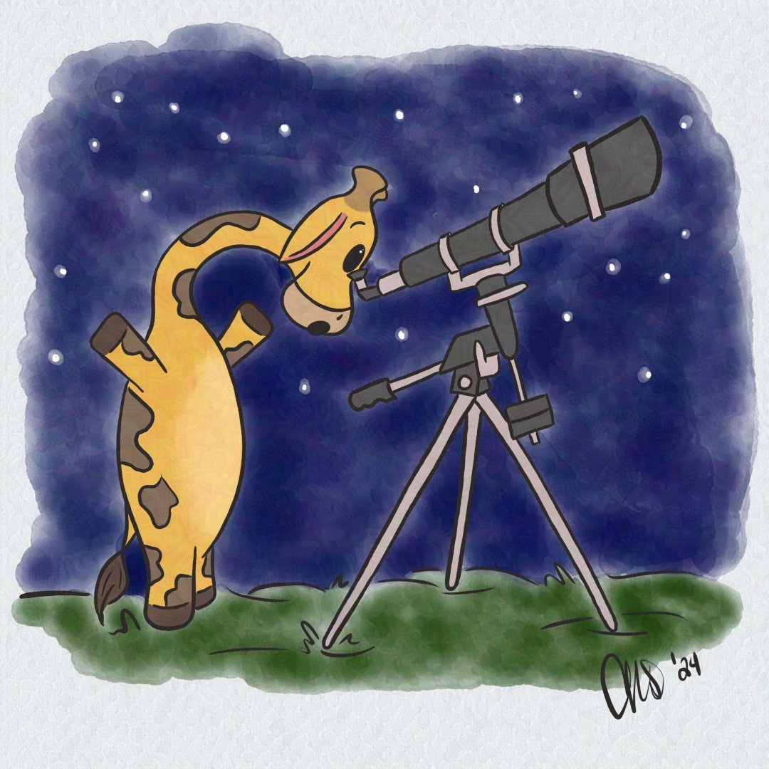 Gigi the Giraffe is looking through a telescope making discoveries in the night sky.
