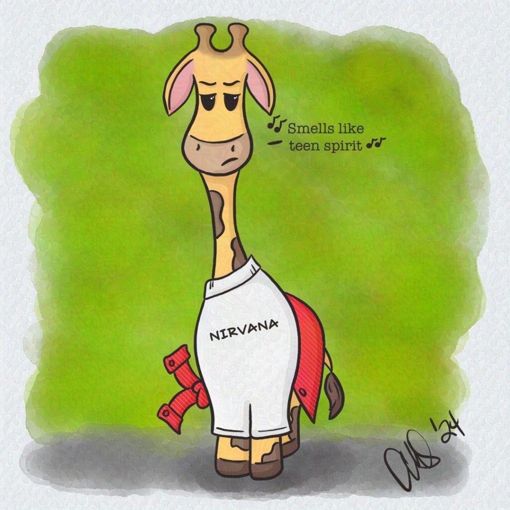 Gigi the Giraffe is dressed in a white t-shirt with NIRVANA written on it and a red plaid shirt tied around her waist. She is singing "Smells like teen spirit"