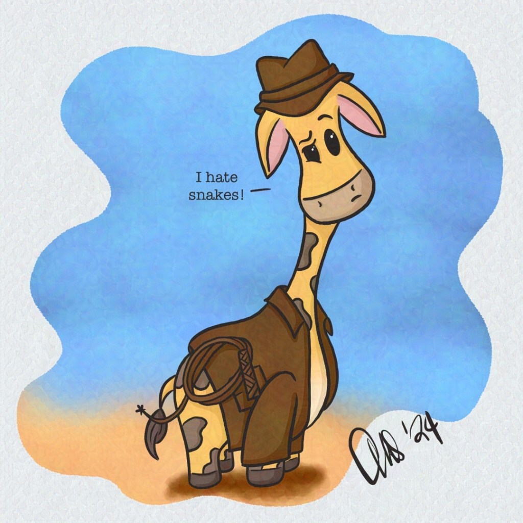 Gigi the giraffe is dressed up like Indiana Jones. She also does not like snakes.
