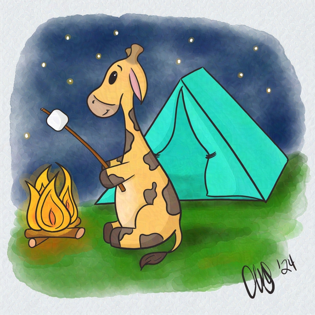 Gigi the Giraffe is camping alone under the stars with her tent and campfire. She is roasting marshmallows
