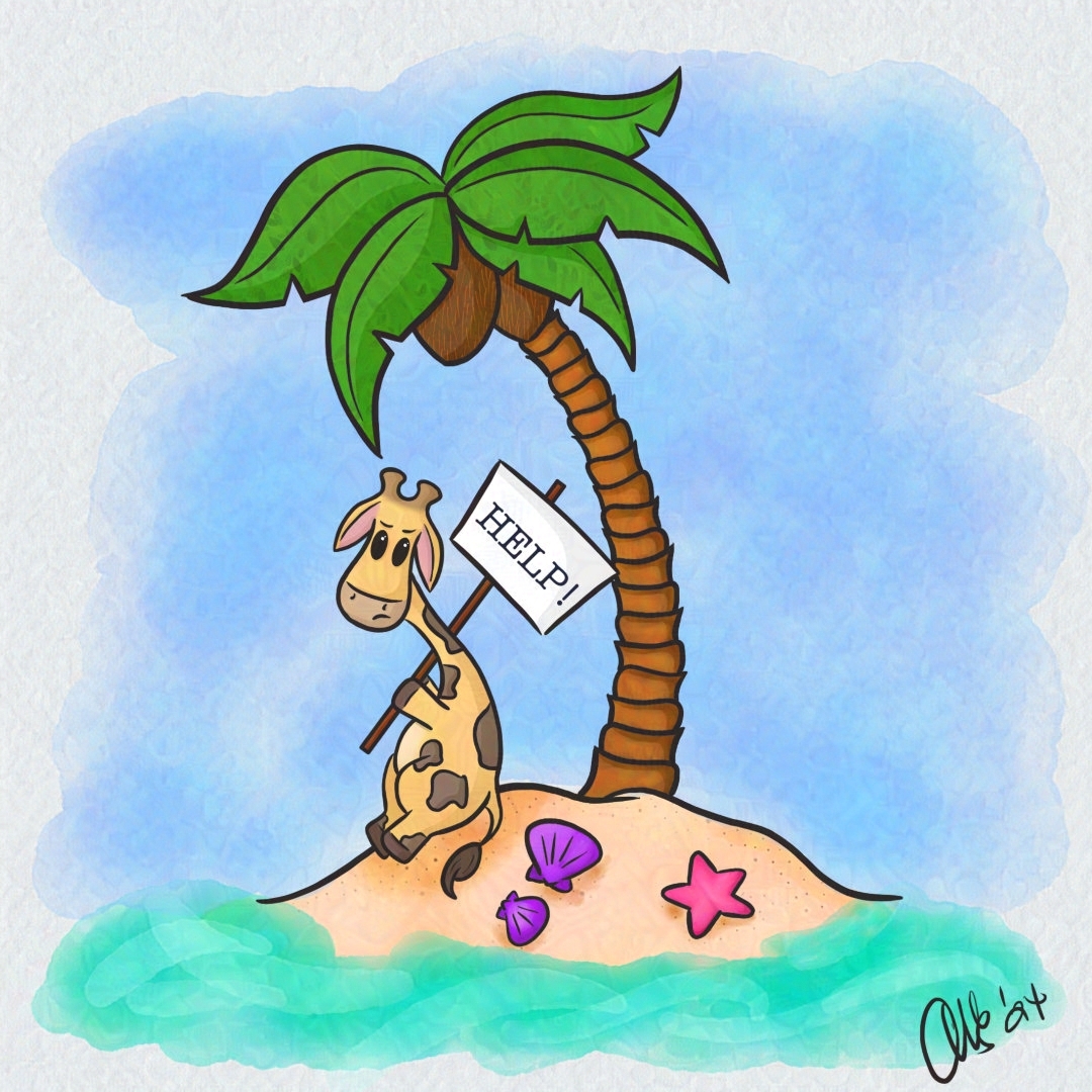 Gigi is stuck on a remote island in the ocean, sitting under a lone palm tree with a sad face and a "Help!" sign.